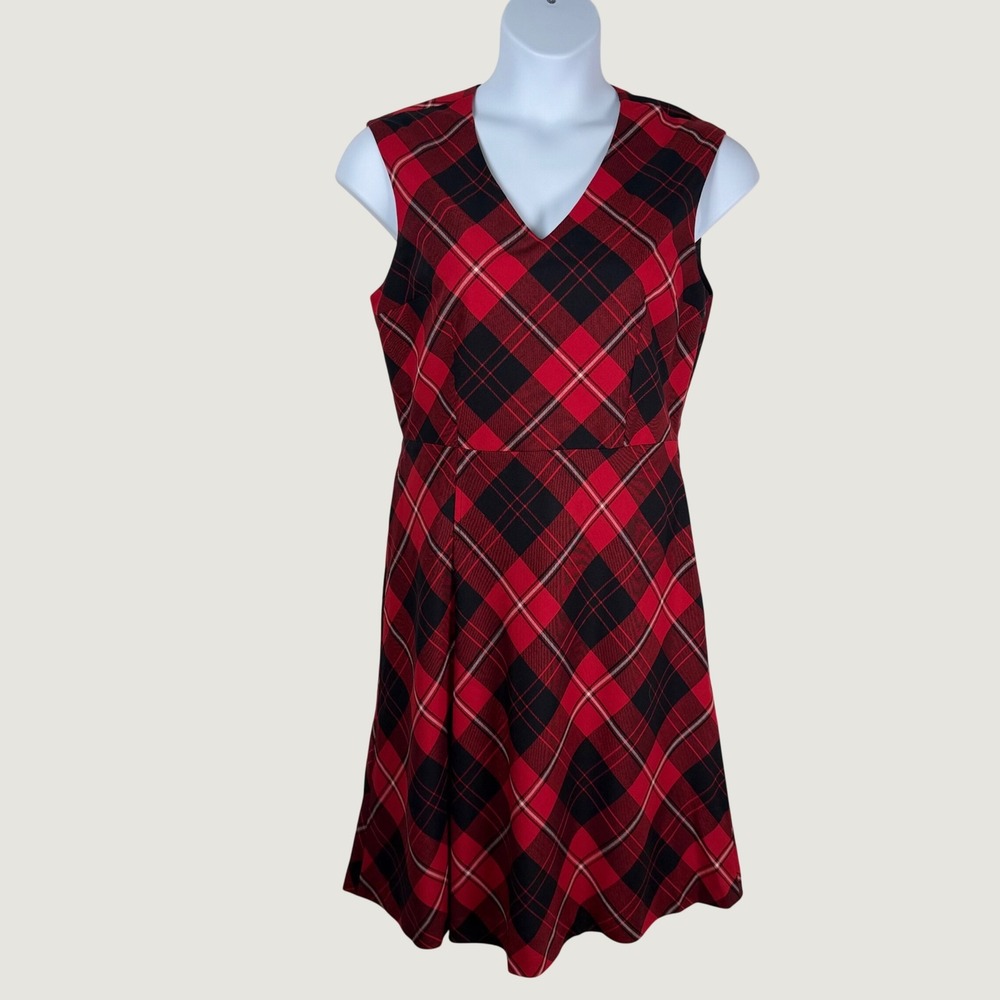 Pendleton 12 Red Black Plaid Virgin Wool V-Neck Sleeveless Dress Fall Preppy USA
